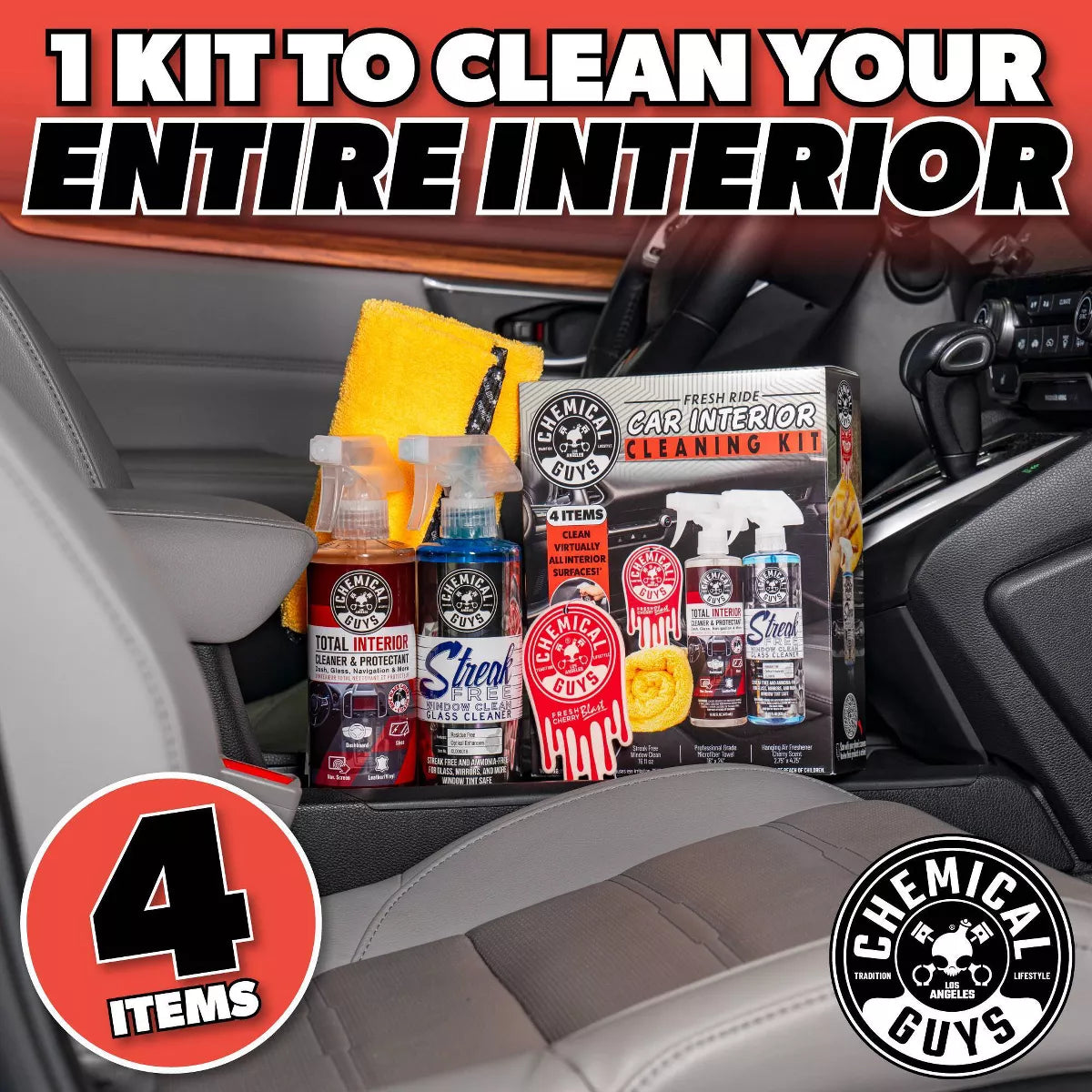 Chemical Guys 4Pc Interior Essentials: Liquid Automotive Cleaning Kit for Car Care, Fresh Scented Cleaners
